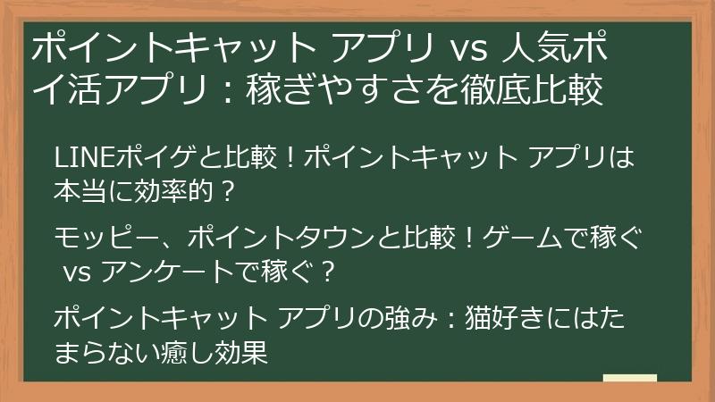 ポイントキャット アプリ vs 人気ポイ活アプリ：稼ぎやすさを徹底比較