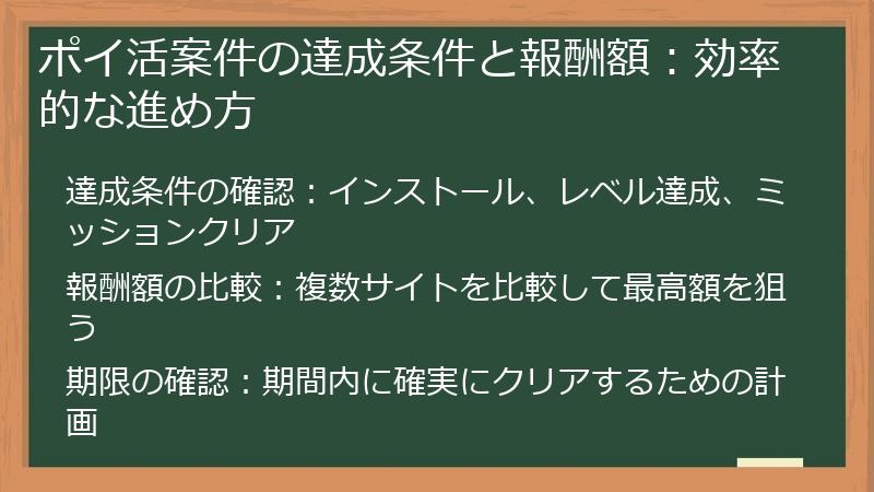 ポイ活案件の達成条件と報酬額：効率的な進め方
