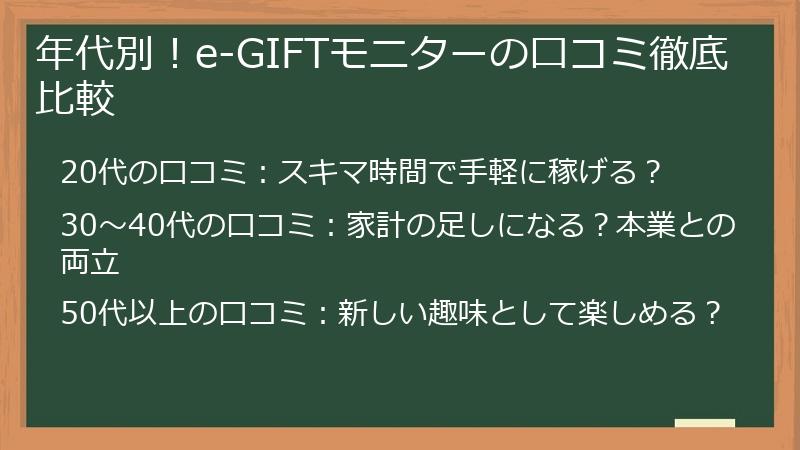 年代別！e-GIFTモニターの口コミ徹底比較