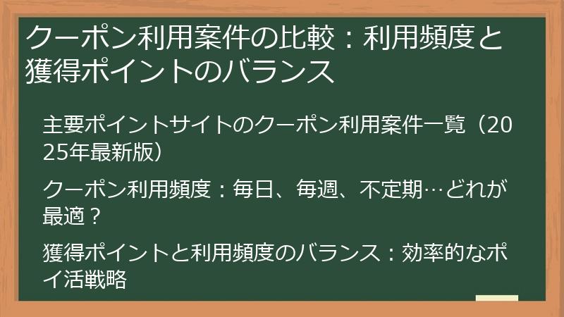 クーポン利用案件の比較：利用頻度と獲得ポイントのバランス