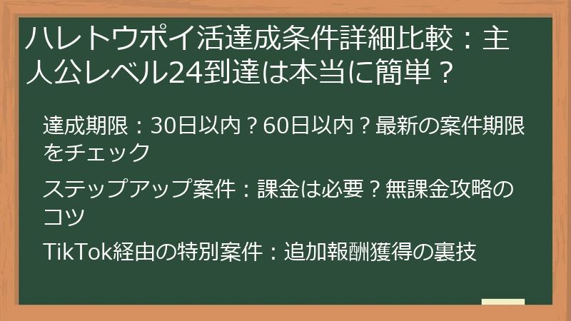 ハレトウポイ活達成条件詳細比較：主人公レベル24到達は本当に簡単？