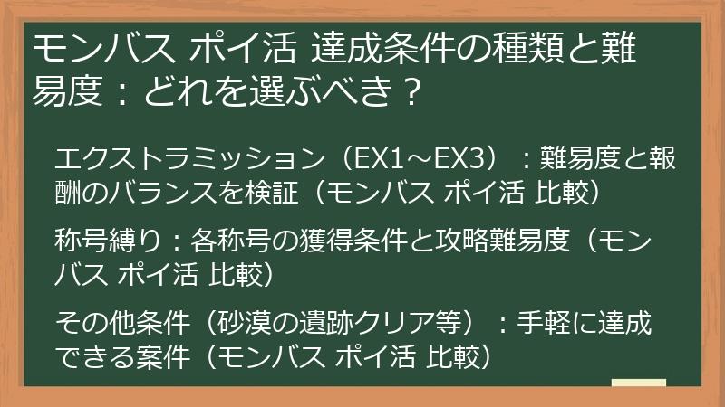 モンバス ポイ活 達成条件の種類と難易度：どれを選ぶべき？