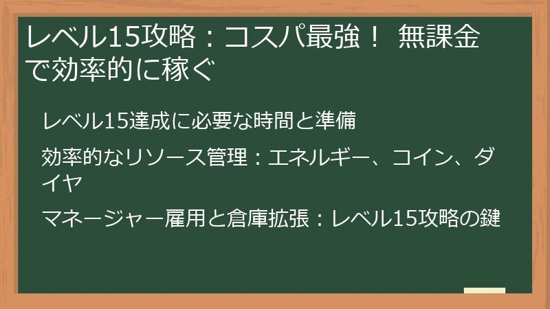 レベル15攻略：コスパ最強！ 無課金で効率的に稼ぐ