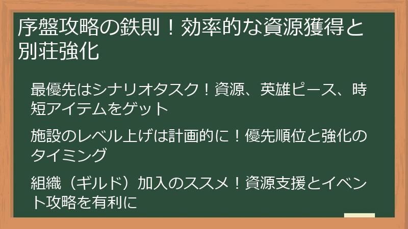 序盤攻略の鉄則！効率的な資源獲得と別荘強化