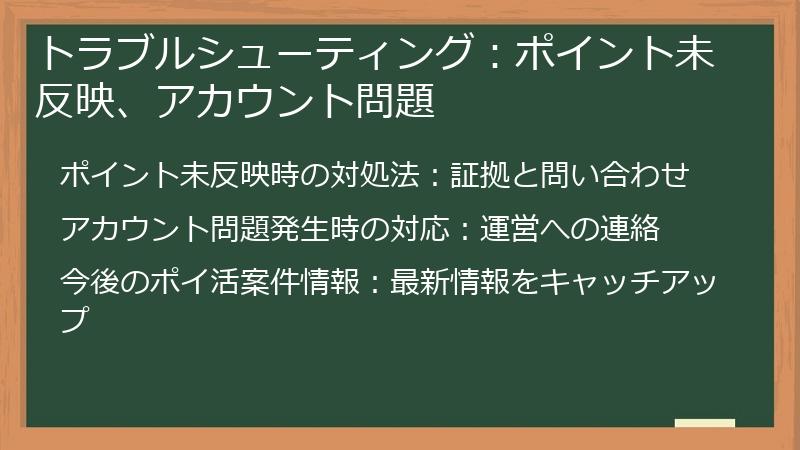 トラブルシューティング：ポイント未反映、アカウント問題