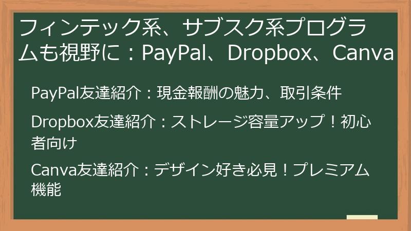 フィンテック系、サブスク系プログラムも視野に：PayPal、Dropbox、Canva