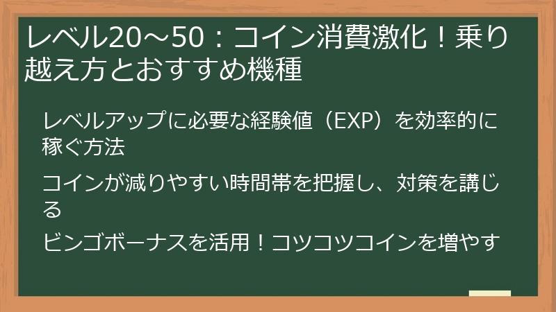 レベル20～50：コイン消費激化！乗り越え方とおすすめ機種