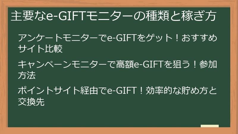 主要なe-GIFTモニターの種類と稼ぎ方