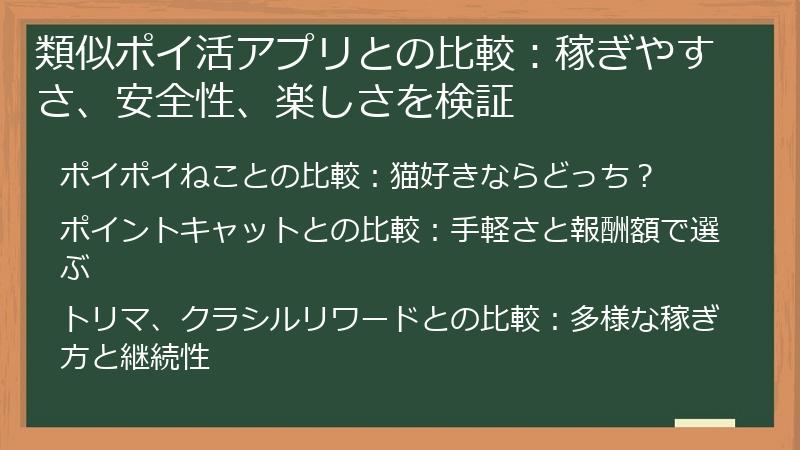 類似ポイ活アプリとの比較：稼ぎやすさ、安全性、楽しさを検証