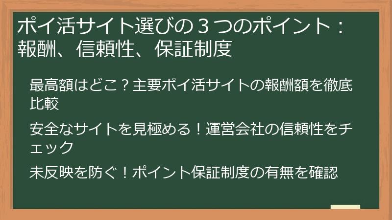 ポイ活サイト選びの３つのポイント：報酬、信頼性、保証制度
