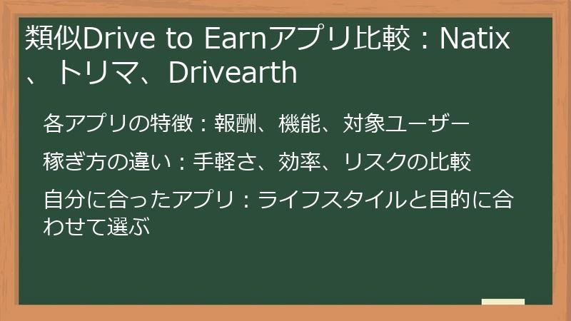 類似Drive to Earnアプリ比較：Natix、トリマ、Drivearth