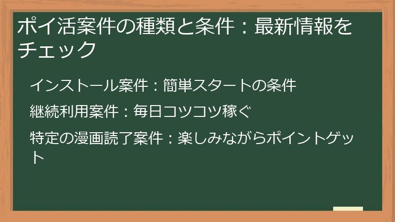 ポイ活案件の種類と条件：最新情報をチェック