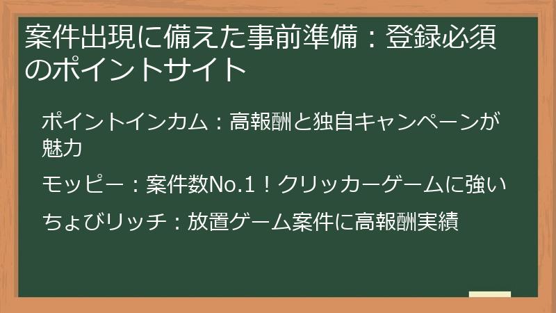 案件出現に備えた事前準備：登録必須のポイントサイト