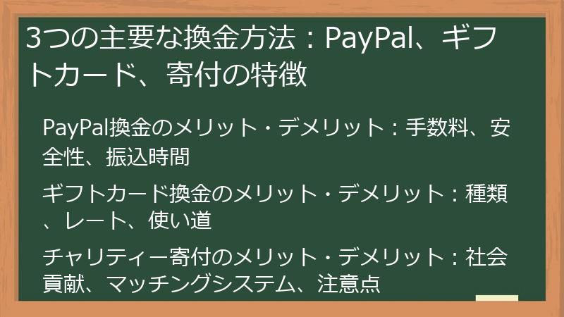 3つの主要な換金方法：PayPal、ギフトカード、寄付の特徴