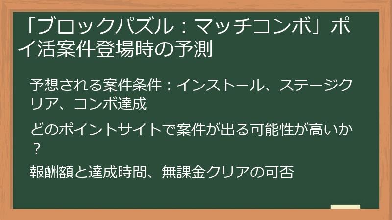 「ブロックパズル：マッチコンボ」ポイ活案件登場時の予測