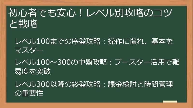 初心者でも安心！レベル別攻略のコツと戦略