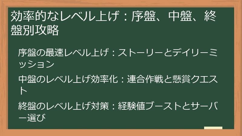 効率的なレベル上げ：序盤、中盤、終盤別攻略