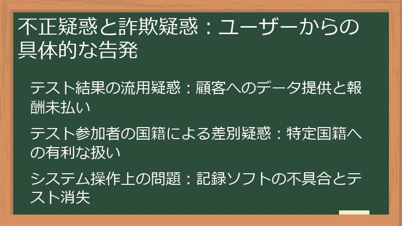 不正疑惑と詐欺疑惑：ユーザーからの具体的な告発