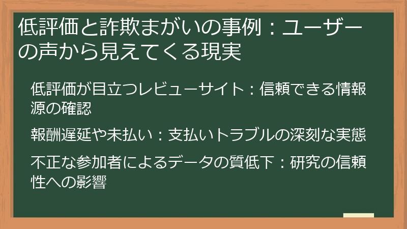 低評価と詐欺まがいの事例：ユーザーの声から見えてくる現実