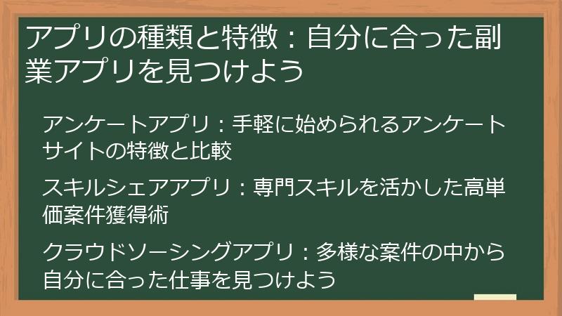 アプリの種類と特徴：自分に合った副業アプリを見つけよう