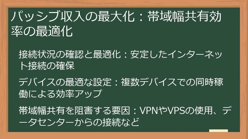 パッシブ収入の最大化：帯域幅共有効率の最適化