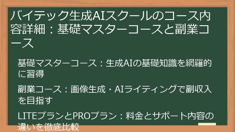 バイテック生成AIスクールのコース内容詳細：基礎マスターコースと副業コース