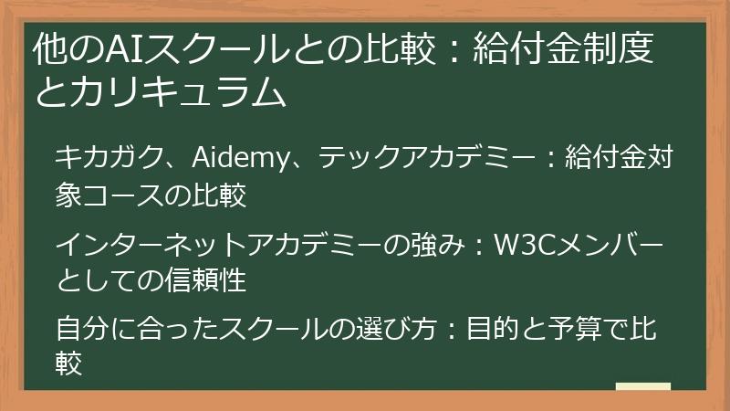 他のAIスクールとの比較：給付金制度とカリキュラム