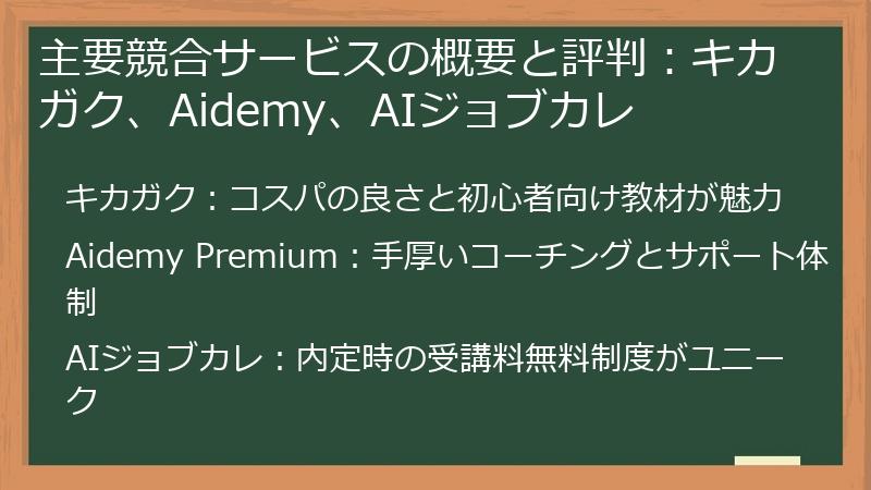 主要競合サービスの概要と評判：キカガク、Aidemy、AIジョブカレ