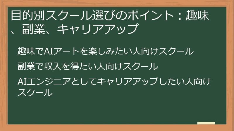 目的別スクール選びのポイント：趣味、副業、キャリアアップ