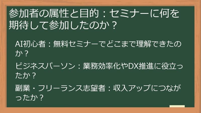 参加者の属性と目的：セミナーに何を期待して参加したのか？