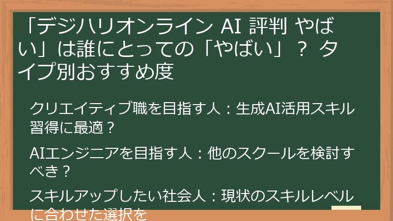「デジハリオンライン AI 評判 やばい」は誰にとっての「やばい」？ タイプ別おすすめ度