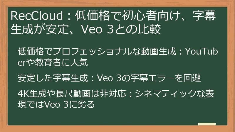 RecCloud：低価格で初心者向け、字幕生成が安定、Veo 3との比較