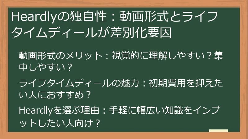 Heardlyの独自性：動画形式とライフタイムディールが差別化要因