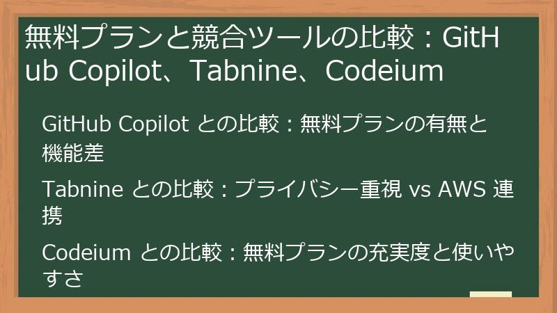 無料プランと競合ツールの比較：GitHub Copilot、Tabnine、Codeium