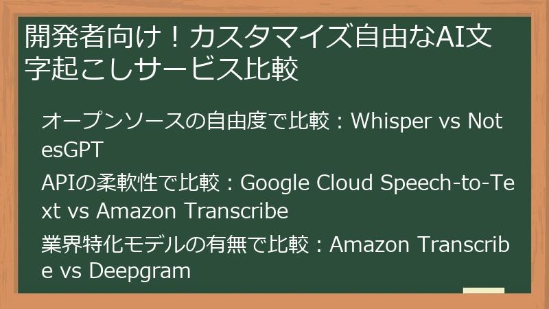 開発者向け！カスタマイズ自由なAI文字起こしサービス比較