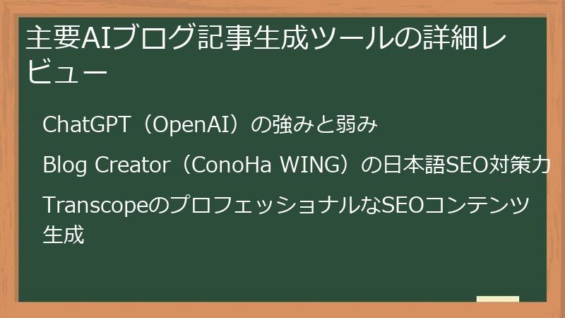 主要AIブログ記事生成ツールの詳細レビュー