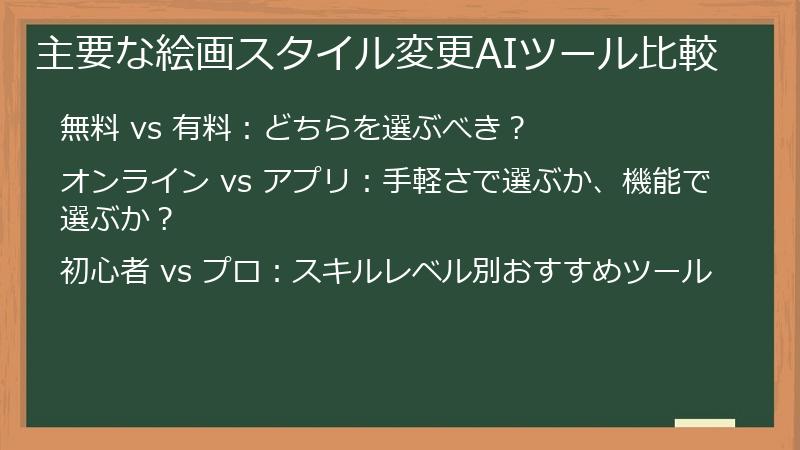 主要な絵画スタイル変更AIツール比較