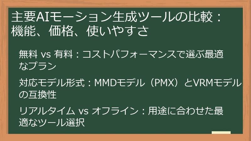 主要AIモーション生成ツールの比較：機能、価格、使いやすさ
