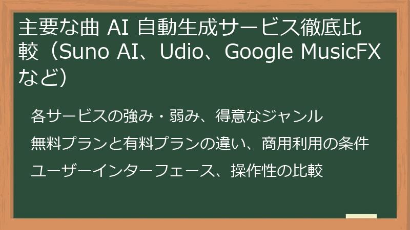 主要な曲 AI 自動生成サービス徹底比較（Suno AI、Udio、Google MusicFXなど）