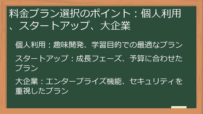 料金プラン選択のポイント：個人利用、スタートアップ、大企業