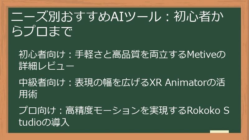 ニーズ別おすすめAIツール：初心者からプロまで
