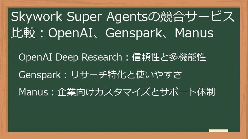 Skywork Super Agentsの競合サービス比較：OpenAI、Genspark、Manus