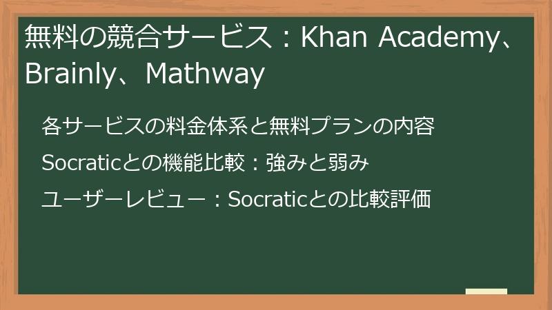無料の競合サービス：Khan Academy、Brainly、Mathway