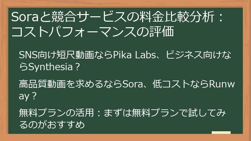 Soraと競合サービスの料金比較分析：コストパフォーマンスの評価