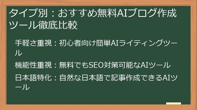 タイプ別：おすすめ無料AIブログ作成ツール徹底比較