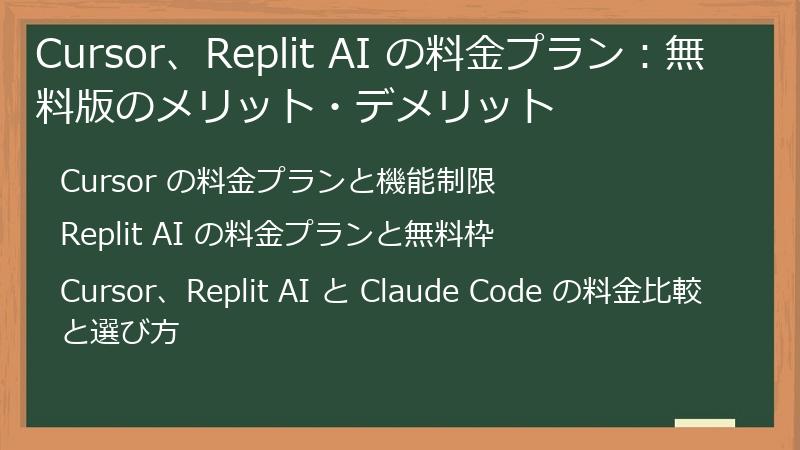 Cursor、Replit AI の料金プラン：無料版のメリット・デメリット