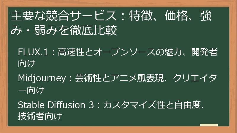 主要な競合サービス：特徴、価格、強み・弱みを徹底比較