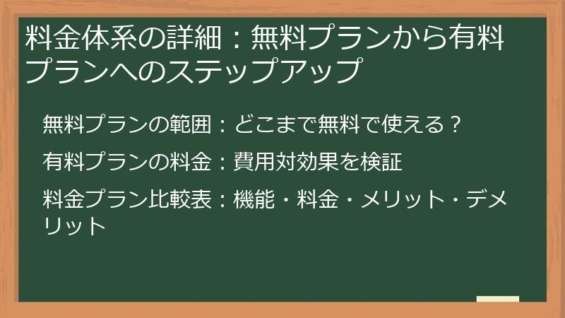 料金体系の詳細：無料プランから有料プランへのステップアップ