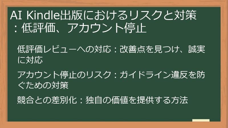 AI Kindle出版におけるリスクと対策：低評価、アカウント停止