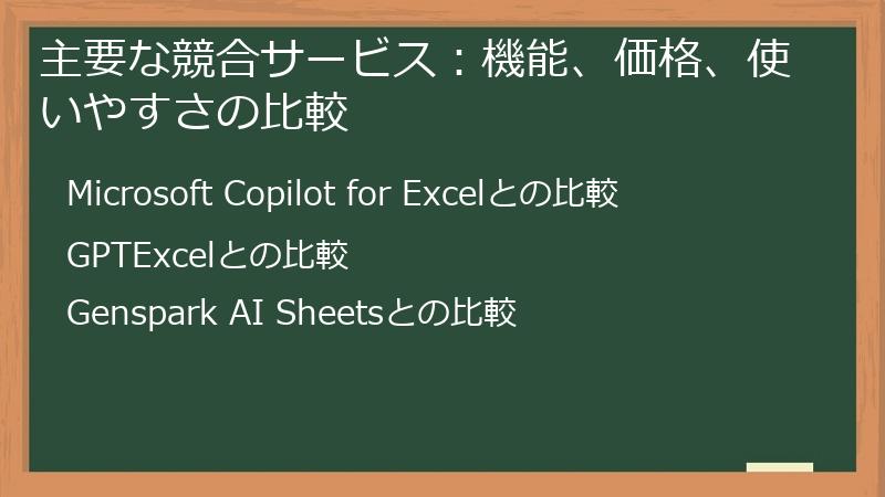 主要な競合サービス：機能、価格、使いやすさの比較